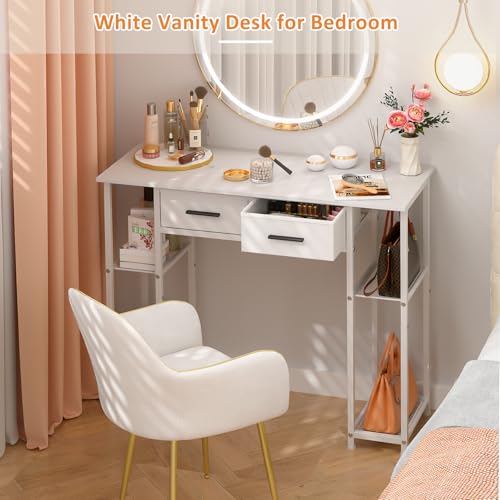 White Computer Desk with Drawers and Storage Shelf - Small Office Study Table