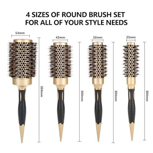 Aozzy 4pc Gold Black Handle Boar Bristle Round Hair Brush Set for Blowouts & Styling