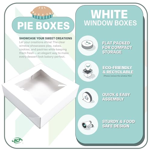 White Bakery Box with Clear Window - 9x9x2.5 Inch, 200 Pack, Food Safe, Easy Assembly