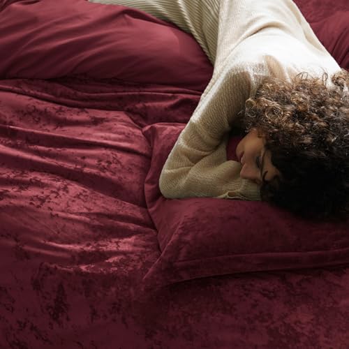 King Size Velvet Duvet Cover Set - Wine Red, 3pcs, No Comforter