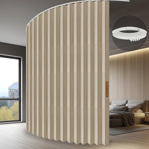 Jilron Accordion Room Divider with Ceiling Track, 100"W x 96"L, Beige, Easy Setup