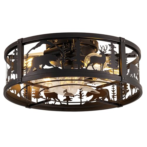 18 Inch Rustic Farmhouse Ceiling Fan with Light - Bear & Deer Silhouettes, Remote Control