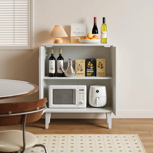 White Farmhouse Coffee Bar Cabinet with Soft-Close Doors - Kitchen Storage Sideboard