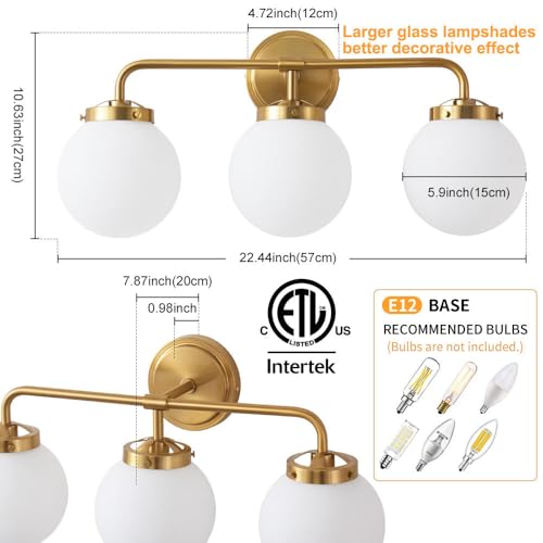 Deyidn Gold 3-Light Brushed Vanity Light Fixture 22.4in for Bathroom Mirror