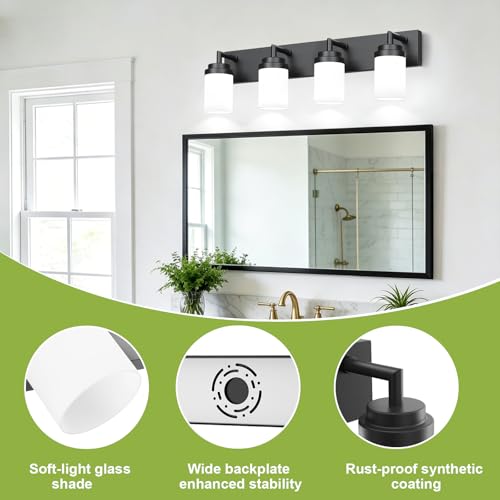 Matte Black Bathroom Light Fixtures Over Mirror - 4 Light White Glass Shade, Modern Vanity Lighting, Variation: Black-White Shade