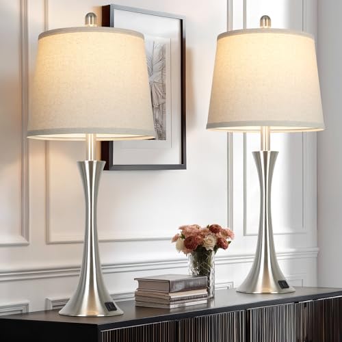 Silver 27.5-Inch Set of 2 Touch Dimmable Bedside Table Lamps with USB-C Ports