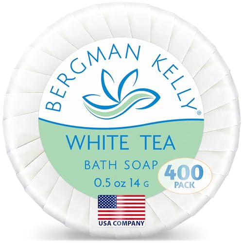 BERGMAN KELLY - Hotel Soap Bars - White Tea, 0.5 oz, 400 PK - Travel Size Luxury Bulk Amenities Bar Soap - Mini Individually Wrapped Round Soap - Small Toiletries for Airbnb, Motel, Guest Bathroom