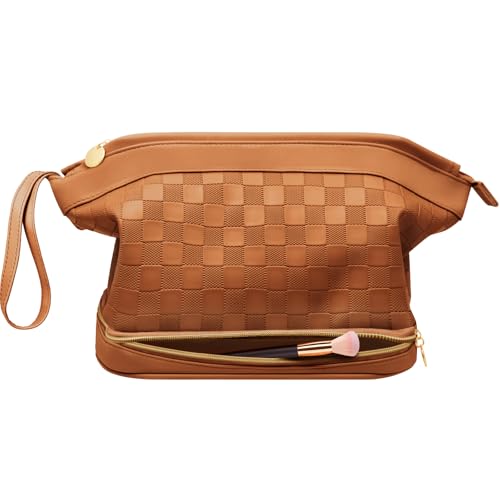 Large Waterproof Makeup Bag for Women with Double Layer & Brush Compartment - Brown
