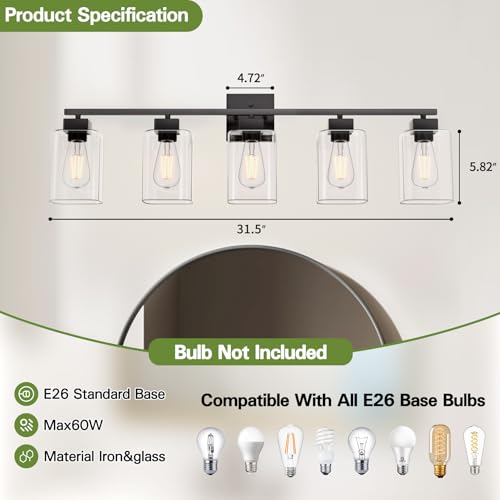 Espird Black 5-Light Bathroom Vanity Light with Square Glass Shades - 31 Inch Matte Black Fixture Over Mirror for Bathroom & Living Room - UL Certified