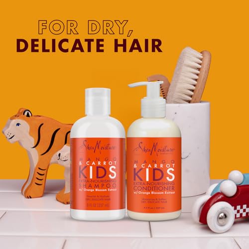 SheaMoisture Kids Mango & Carrot Shampoo and Conditioner Set w/Orange Blossom Extract + Coconut & Hibiscus Extra-Moisturizing Detangler Spray, Anti-Frizz Hair Products for Kids