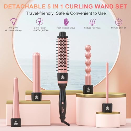 Rose Gold 5-in-1 Curling Wand Set with Ceramic & Thermal Brush - Hair Styling Tool