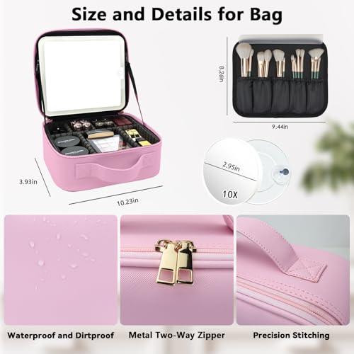 Travel Makeup Bag with LED Mirror & 10x Magnifying Glass - Light Pink, Adjustable Dividers & Brush Storage