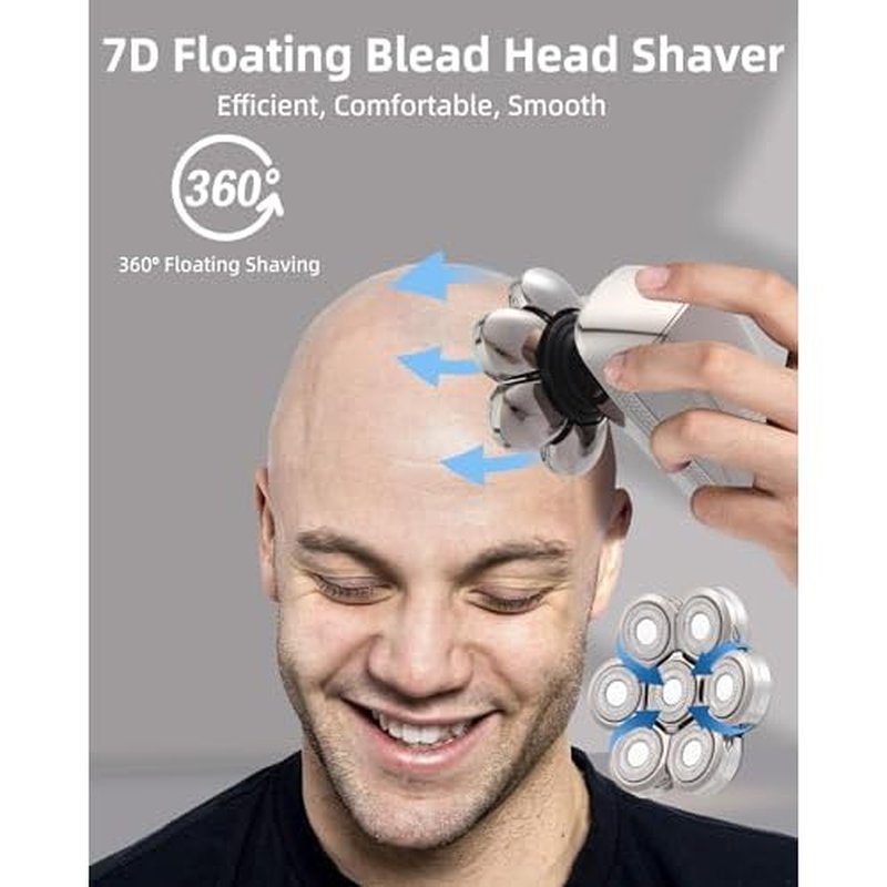 7D Electric Bald Shaver - 5-in-1 Dry/Wet Men's Head Shaver with Led Display & IPX7 Waterproof, Detachable, Rechargeable Razor