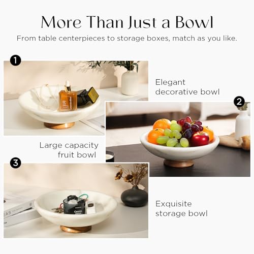 White Marble Fruit Bowl with Acacia Wood Pedestal - Large Decorative Kitchen Counter Centerpiece - 11 Inch
