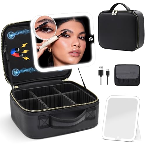 Jadazror Black Detachable Magnetic Lighted Makeup Bag with 360° Swivel Mirror