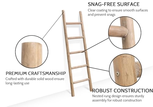 Rustic Solid Wood Blanket Ladder - 57 Inch Farmhouse Decorative Ladder with Brown Finish - Medium Knock Down
