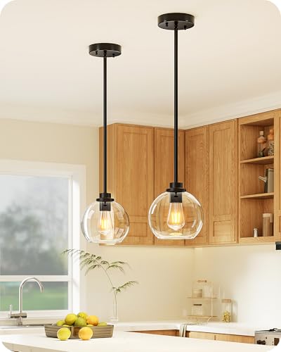 EDISHINE 2-Pack Black Glass Globe Pendant Lights for Kitchen & Dining