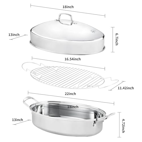 Large 22-Inch Stainless Steel Roasting Pan with Rack & Lid for Oven, Oval Turkey Roaster