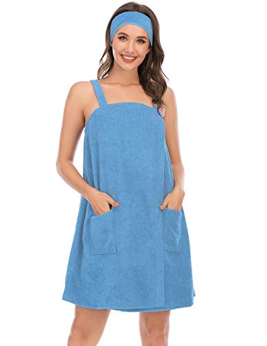 XX-Large Women Bath Wrap Towel with Pocket & Adjustable Spa Robe - Light Blue