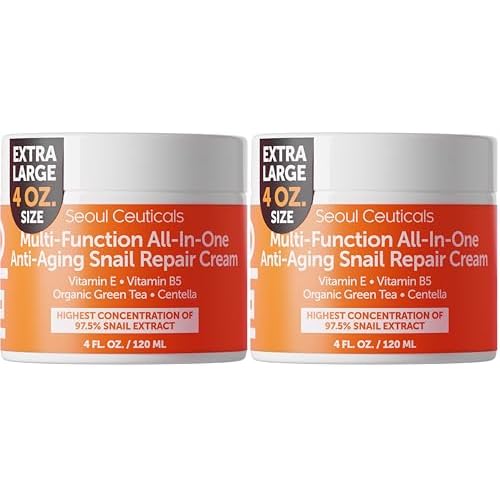 SeoulCeuticals Large 4oz 97.5% Snail Mucin Moisturizer Cream Korean Skin Care Day & Night Snail Repair for Face - K Beauty Anti Aging Facial Skincare (Pack of 2)