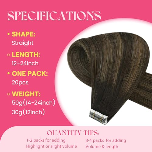 Hair Extensions Tape-In Human Hair Balayage Brown 50g 18 Inch 20 Pcs - Ve Sunny