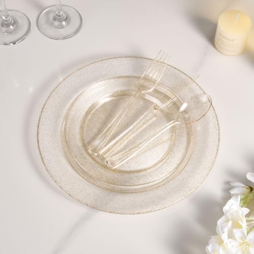 BESTVIP Gold Glitter Disposable Dinnerware Set for 100 Guests - Plastic Plates & Cutlery