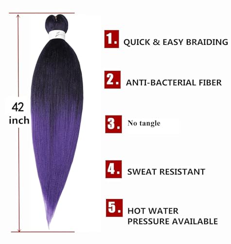 Pre-Stretched Braiding Hair Extensions 42 Inch - Ombre Black to Purple, 8 Packs, Soft Yaki Texture, Hot Water Setting