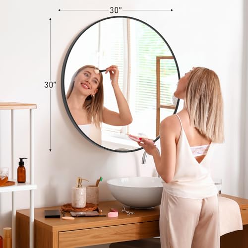 OLIXIS Black Round Bathroom Mirror, 30 Inch Metal Frame Circle Vanity Mirror Wall Mounted for Bathroom,Bedroom, Living Room, Entryway