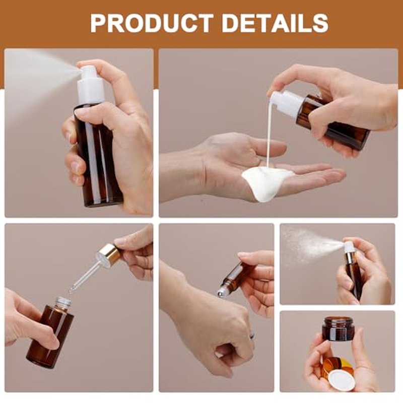 26 Pack TSA Approved Glass Travel Skincare Containers, 2/1.7/1.35/0.7/0.5/0.3oz Refillable Traveling Size Containers with Pump, Jars & Essential Oil Bottle, Leak-Proof for Creams & Liquids