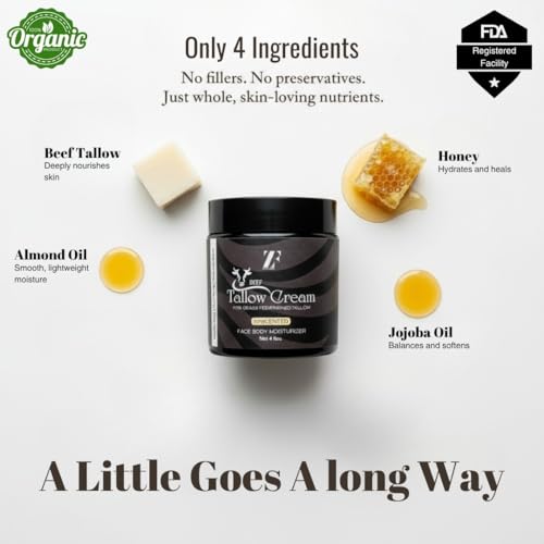 ZF Beef Tallow for Skin & Face 4 oz ? Whipped Grass-Fed Beef Tallow Cream with Raw Honey & Jojoba ? Moisturizer for Face & Body ? Deep Hydration for Dry, Sensitive Skin (Unscented)