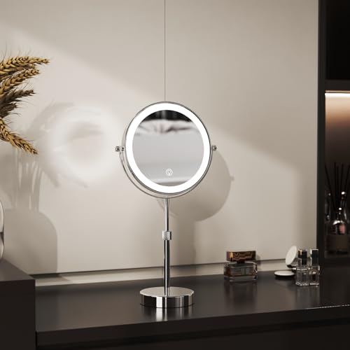 Lighted Makeup Mirror with 10X Magnification, Adjustable Height & Touch Dimming