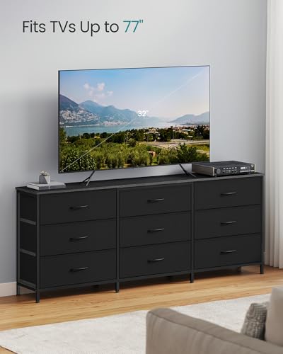 SONGMICS Dresser with 9 Fabric Drawers and TV Stand for 70-Inch TVs - Ink Black, 13.8 x 68.4 x 26.8 Inches