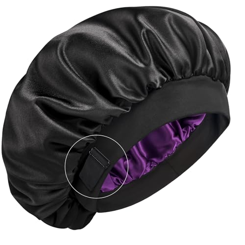 YFONG Silk Lined Sleep Bonnet for Women & Men, Double Layer Adjustable Black & Purple
