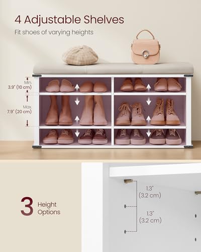 VASAGLE Cloud White Shoe Storage Bench with Removable Cushion, 6 Shelves, 12-15 Pairs