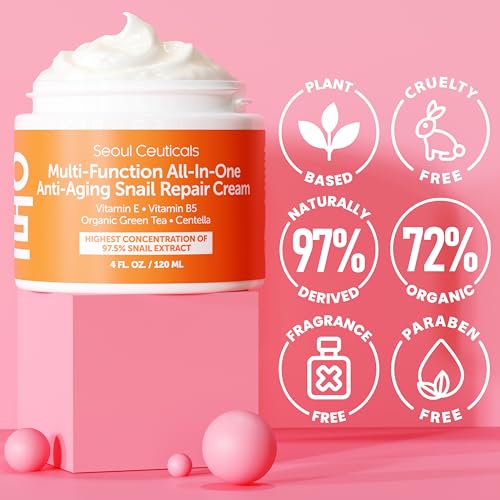 SeoulCeuticals Large 4oz 97.5% Snail Mucin Moisturizer Cream Korean Skin Care Day & Night Snail Repair for Face - K Beauty Anti Aging Facial Skincare (Pack of 2)