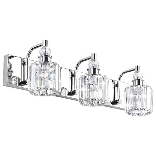 Chrome 24 Inch Crystal Vanity Light Fixture - Modern 3-Light Bathroom Wall Lamp