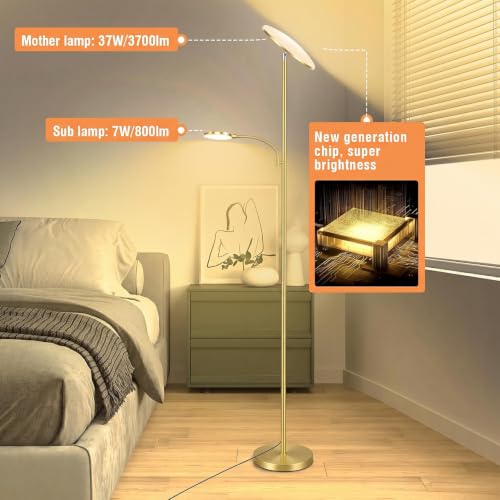 Brushed Gold Floor Lamp with Articulated Reading Light - 44W/4500LM Stepless Dimmable Standing Lamp for Living Room & Office