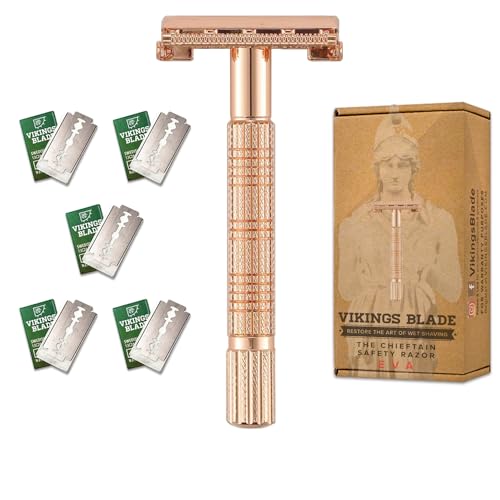 VIKINGS BLADE Safety Razor for Women + 5 Swedish Steel Blades. Quick Release Head, Double Edge. Smooth, Reusable, Recyclable (Model: Eva)