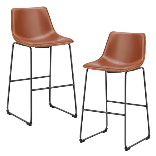 DUMOS Set of 2 Counter Height Bar Stools Brown Faux Leather Metal Legs