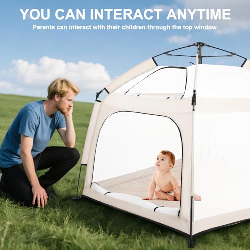 Baby Playpen with Canopy - Square Toddler Beach Tent, Beige, Portable & Foldable