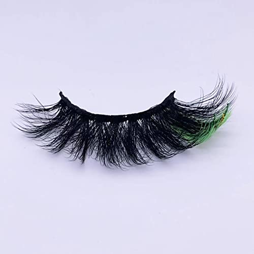 Black False Eyelashes with Green Glitter, 1 Pair Eye Lash Strip Color on the End Highlight, Fairy Black and Green Faux Mink Eyelash for Rave Party