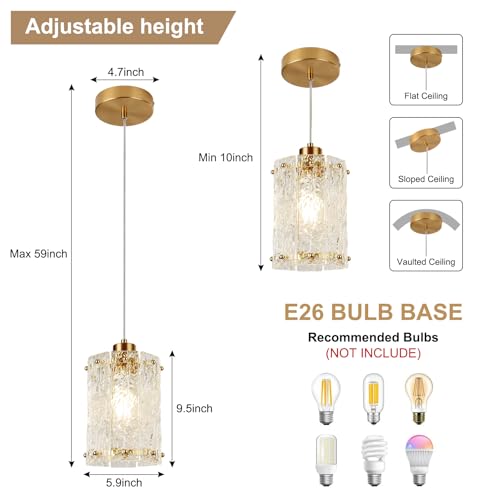 Gold Pendant Lights for Kitchen Island Water Ripple Glass Modern Chandelier 2 Pack