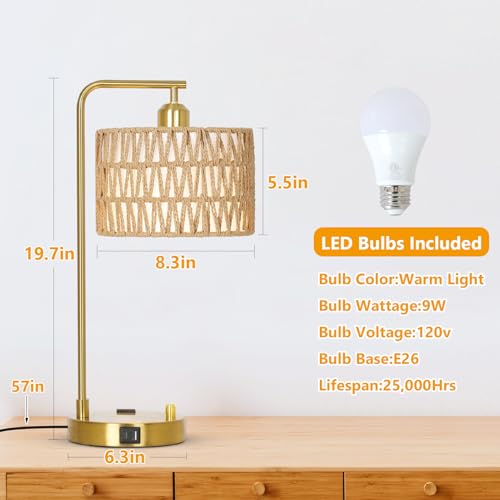 Gold Boho Lamps Set of 2 with USB Charging Ports & AC Outlet - Dimmable Table Lamps
