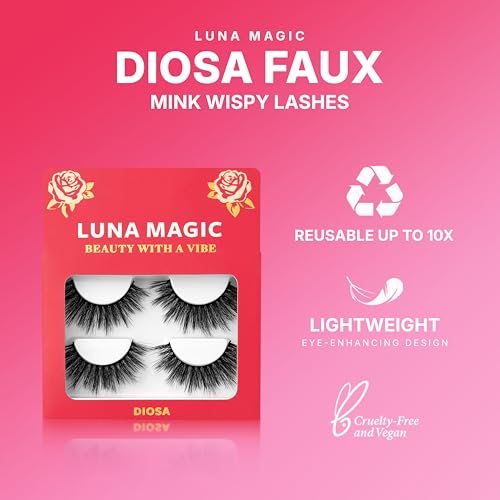 Luna Magic Diosa Faux Mink Wispy Lashes with Soft Band, Reusable up to 10x, Lightweight Eye-Enhancing Design for Natural or Dramatic Eye Looks - Vegan & Cruelty-Free Eyelashes - 13MM ? 3 Pair