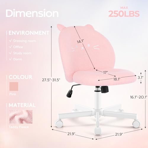 Pink Cat Vanity Chair with Plush Teddy Fleece, Armless Small Office Desk Seat - Pink-cat