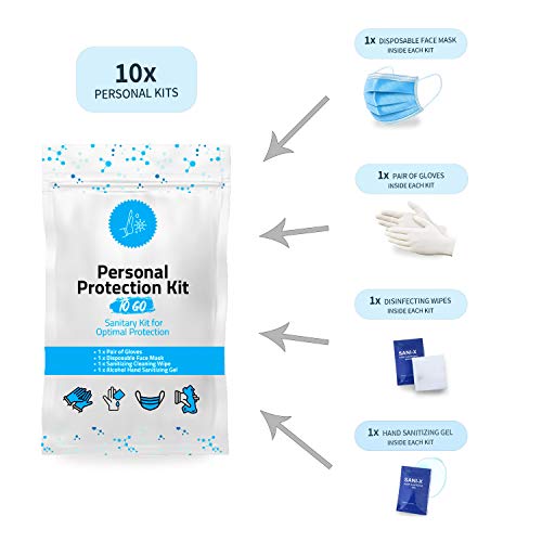 All-In-One Personal Protection Kit (10 Pack) Face Mask, Gloves & Wipes