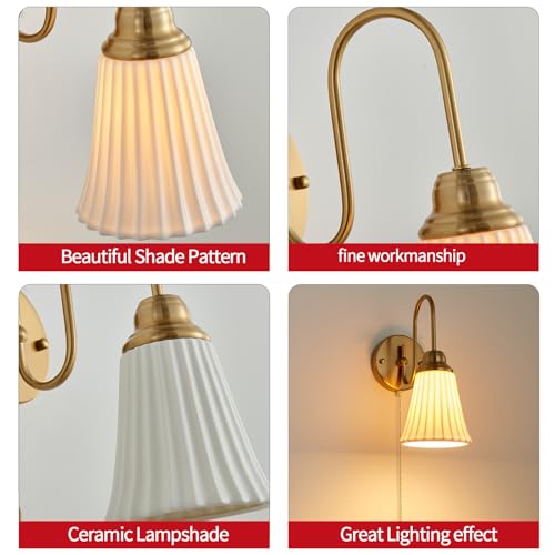 Hardwired Ceramic Wall Sconces Set of 2 with Pull Chain - Curve Arm Design