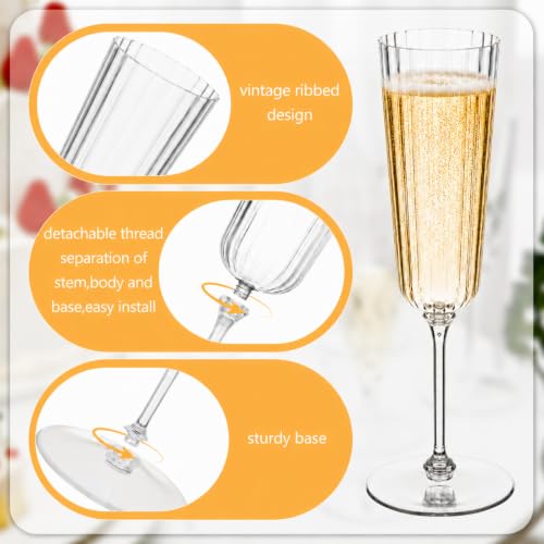 Clear Plastic Ribbed Champagne Flutes Set of 100, 6.4 oz Disposable Drinkware for Parties