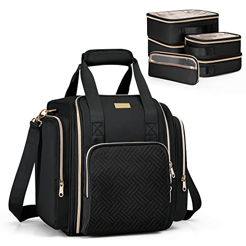 Travel Makeup Bag with 5 Removable Cases, Large Cosmetic Case Make up Organizer with Strap and Multiple Storage Pockets, Black (Patented Design)