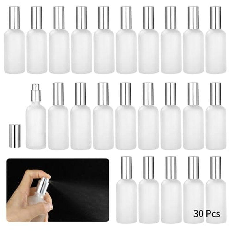 30 Pcs Frosted Glass Spray Bottles, 3.4 oz / 100 ml Refillable Perfume Atomizer, Fine Mist Empty Spray Bottle, Leak-Proof Reusable Containers for Travel, Essential Oils & Liquid Dispensing (Silver)